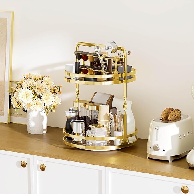360° Rotating Makeup Organizer, 2-Tier Gold Perfume Organizer for Dresser, Bathroom Organizer Countertop, Lazy Susan Spinning Perfume Stand Vanity Skincare Storage with Makeup Brush Holder