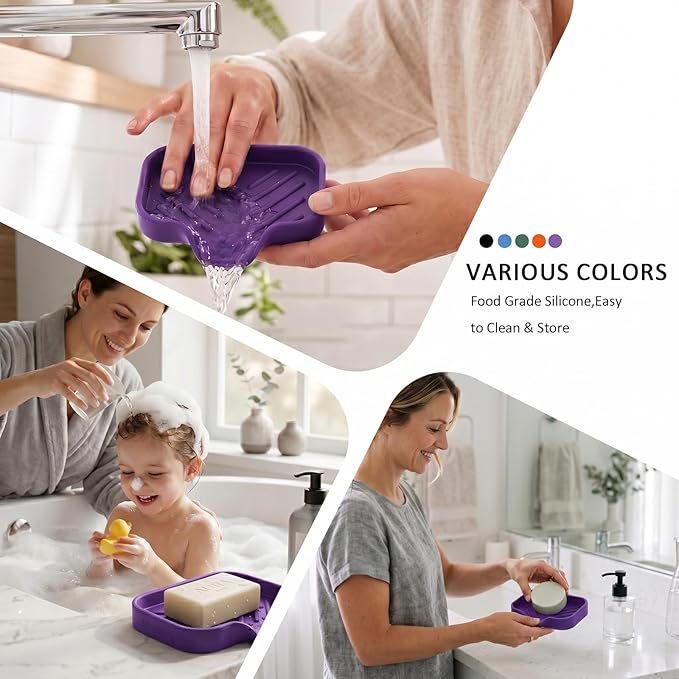MicoYang Silicone Soap Dish with Drain Spout — Self-Draining Sink Organizer Tray for Bathroom & Kitchen, Holds Bar Soap, Sponges & Dispensers, Non-Slip & Dishwasher Safe, Purple (Small, 4.9"×3.2")