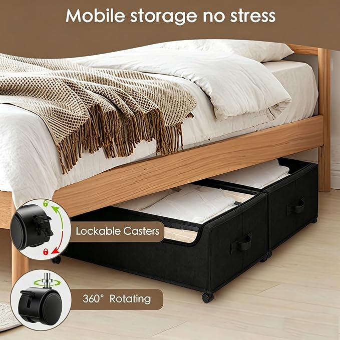 Under Bed Storage with Wheels, 2-Pack Under the Bed Storage Containers with Clear Lids & Label, Underbed Storage Bins, XXXL 85L 11 inches Rolling Metal Drawer for Clothes, Shoes, Toys, Books - Black