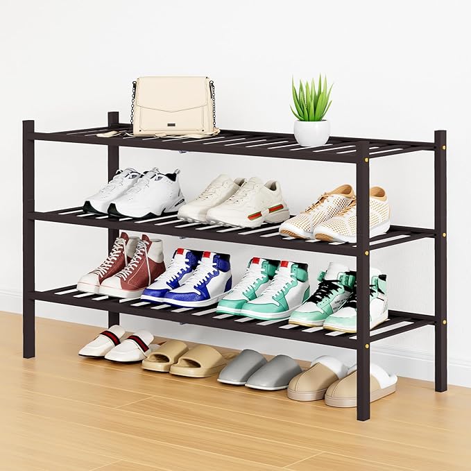 Smiry Long Bamboo Shoe Rack, 3 Tier Free Standing Wooden Shoe Organizer, Stackable Wood Shoe Storage Shelf for Closet, Entryway, 12 Vertical Slats, 2+1 Stack Standard Legs, 33.7"x11"x19.5", Brown