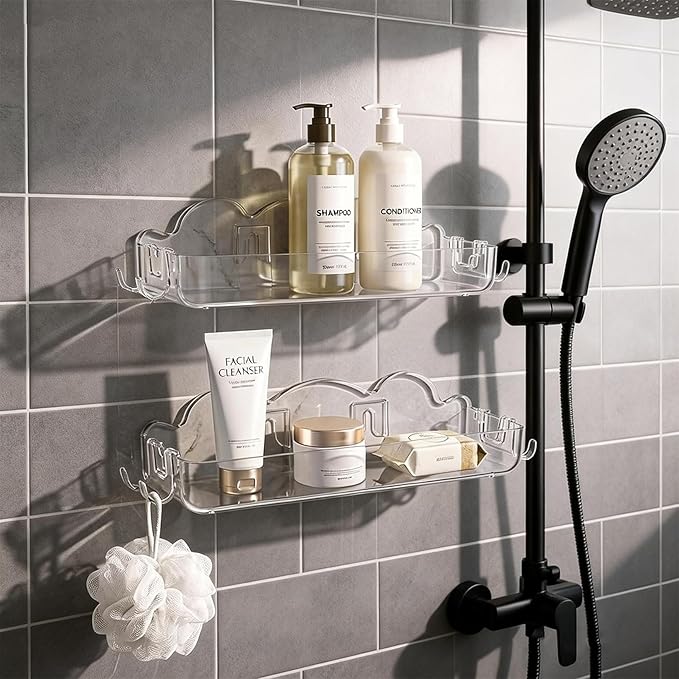 2 Pack Acrylic Shower Caddy No Drilling Adhesive Shower Shelves with 4 Removable