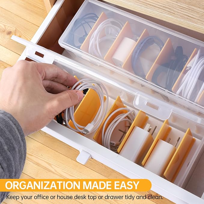 PAVSTINE Clear Cable Organizer Box with Lid, Plastic Charger Cable Cord Storage Organizer, Office Desk Organizers, Multifunctional Accessories Storage for Home Drawer Office, Stackable, Clear