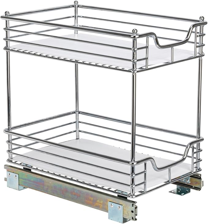 Household Essentials Glidez Multipurpose Chrome-Plated Steel Pull-Out/Slide-Out Storage Organizer with Plastic Liner for Under Cabinet Use - 2-Tier Design - Fits Standard Size Cabinet or Shelf, Chrome