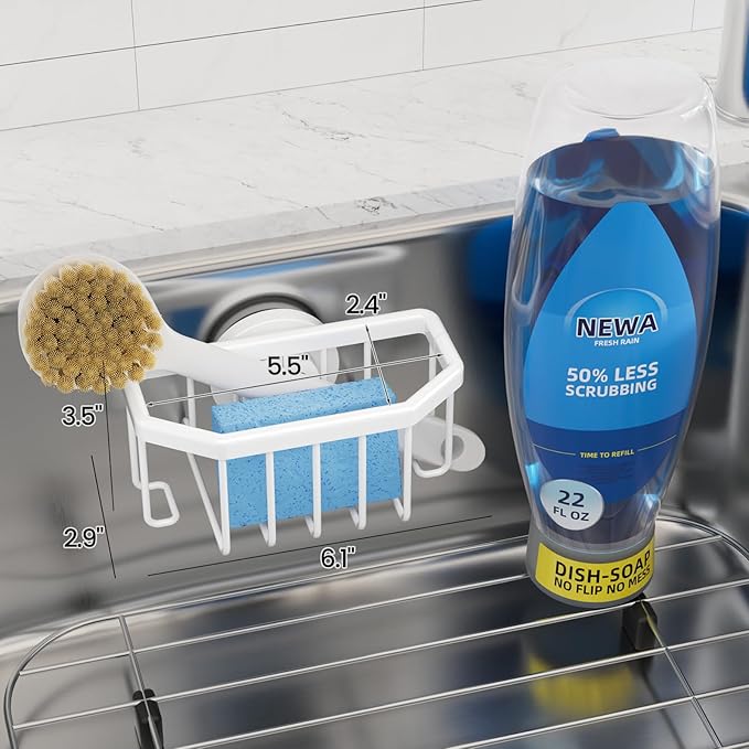 TAILI Sponge Holder for Kitchen Sink with Strong Suction Cup Removable, Rustproof Aluminum Sink Caddy for Sponge, Brush, Scrubber, Scraper -Gold