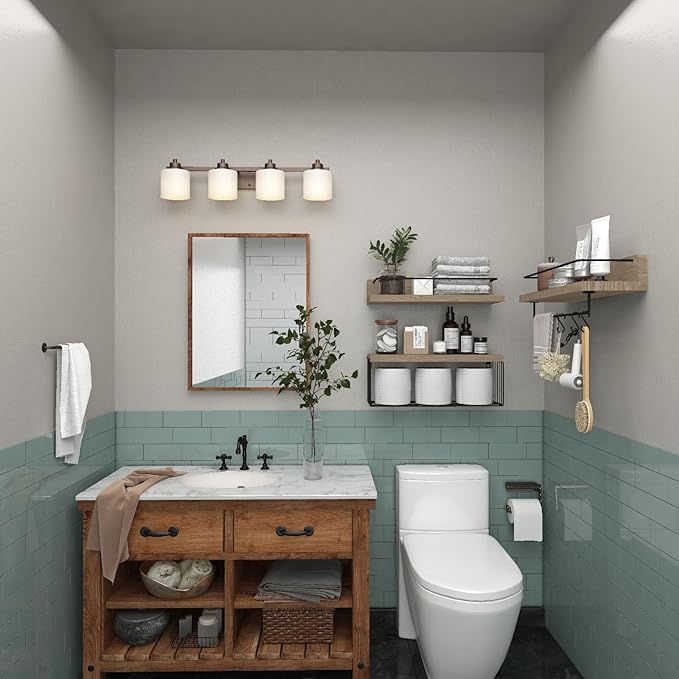 PopiShelves Bathroom Shelves Over Toilet for Wall, Floating Shelves with Storage Basket Paper Holer for Kitchen Living Room, Bedroom & Classroom, Set of 3 (Nature Wood)