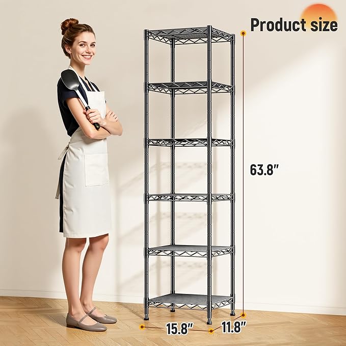 DurayLoly 6-Tier Narrow Storage Shelves with Anti-Tip Screws, 265 lbs Capacity, Adjustable Metal Wire Shelving Unit for Kitchen, Pantry, Bathroom, Laundry Room & Garage – 15.8" W x 11.8" D x 63.8" H