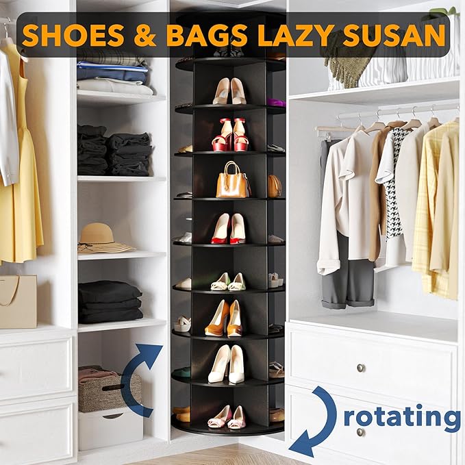 9 Tier Rotating Shoe Rack Tower, Spinning Shoe Display Lazy Susan, 9-Tier Black