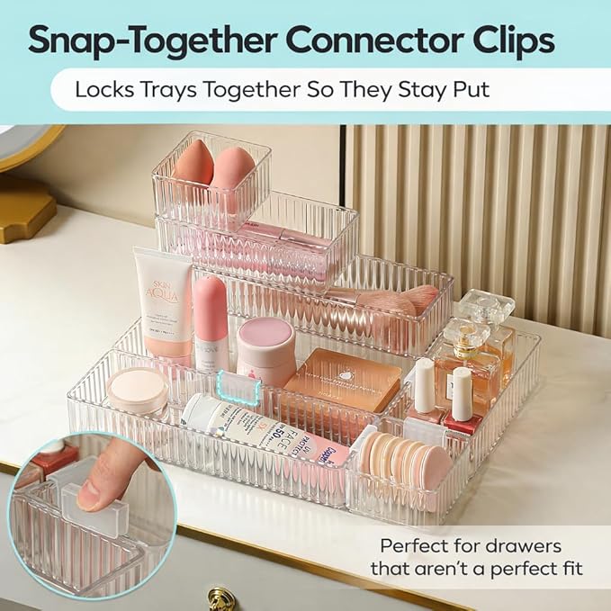 7 PCS Clear Drawer Organizer Bins, Stackable Office Desk Drawer Organizers with 7 Connector Clips, 4 Sizes Plastic Drawer Trays for Office Supplies, Bathroom, Vanity, Makeup & Kitchen