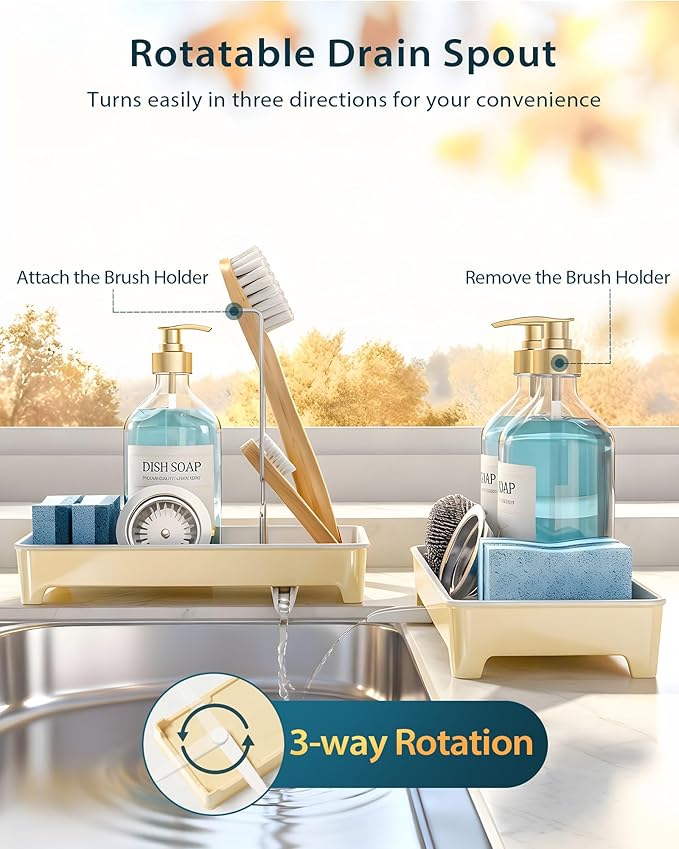 Minimalist Sink Caddy, Rustproof Sponge Holder for Kitchen Sink with 304 Stainless-Steel Brush Holder, Countertop Rack Organizer with Raised Ridges & Silicone Drain Tube (Pastel Yellow, Large)