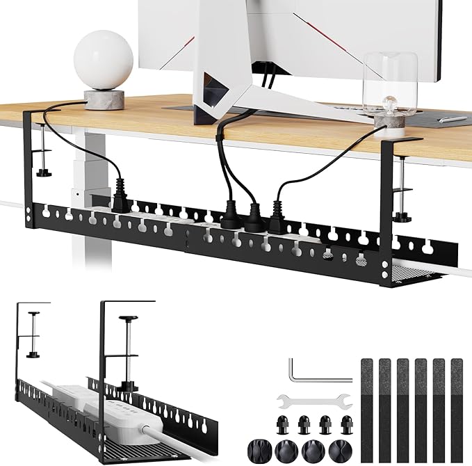 Under Desk Cable Management Raceway Clamp 2 Hole 31 Inch No Drill Cord Organizer for Standing Desk Sturdy Metal Office Desk Wire Management - No Damage to Table