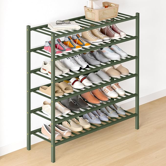 Smiry Bamboo Shoe Rack for Closet, 6 Tier Long Wooden Shoe Organizer, Stackable Wood Shoe Storage Shelf for Entryway, 14 Vertical Slats, 3+3 Stack Heavy-Duty Legs, 33.86"x11.02"x36.61", Green