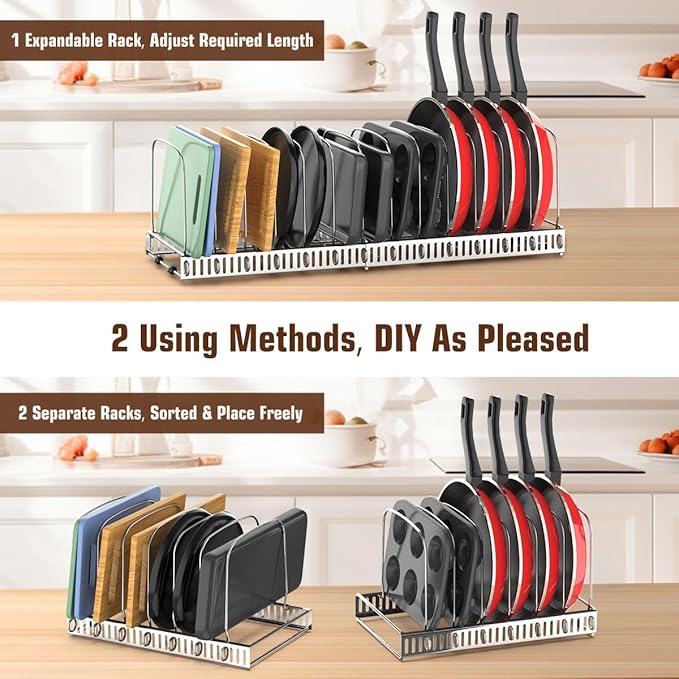Housolution Cutting Board Organizer Rack, Expandable Baking Tray and Cookie Sheet Organizer with 14 Adjustable Dividers, Bakeware Muffin Tin Cupcake Pan Storage Organizer for Cabinet, Silver