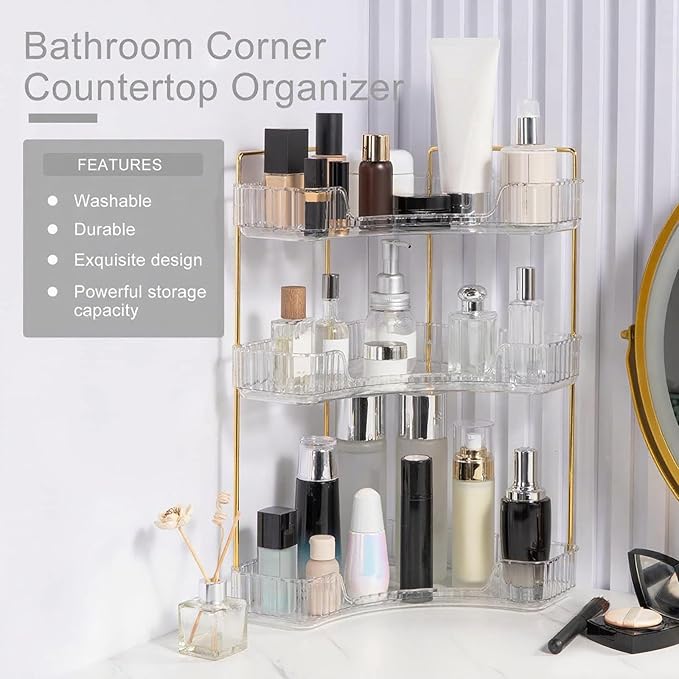 Corner Bathroom Countertop Organizer, Vanity Trays for Counter, Clear, 3 Tiers