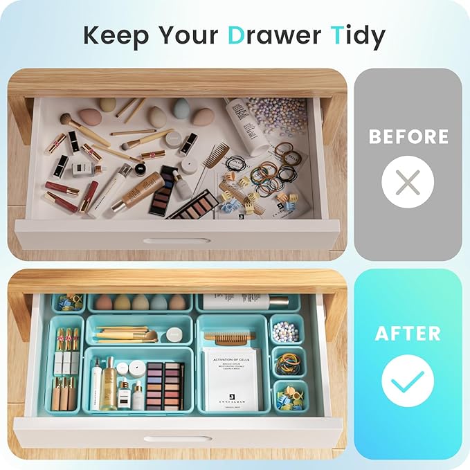 【Military Grade】A-LuGei Drawer Organizer, 【𝟱𝗦𝗶𝘇𝗲】 Makeup organizer, 【Holds 177 Items】 Bathroom Organizers and Storage, Organization and Storage, Desk Drawer Organizer for Vanity (Blue)