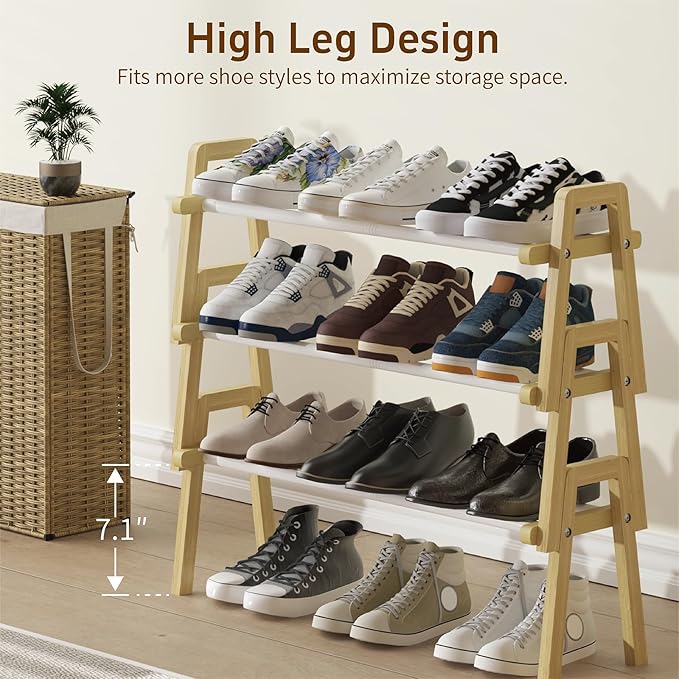 3-Tier Bamboo Shoe Rack Stackable, Shoe Organizer for Entryway and Closet, Modular Small Shoe Storage Shelf, Space-Saving Free Standing, Holds 12-16 Pairs of Shoes, Natural Color