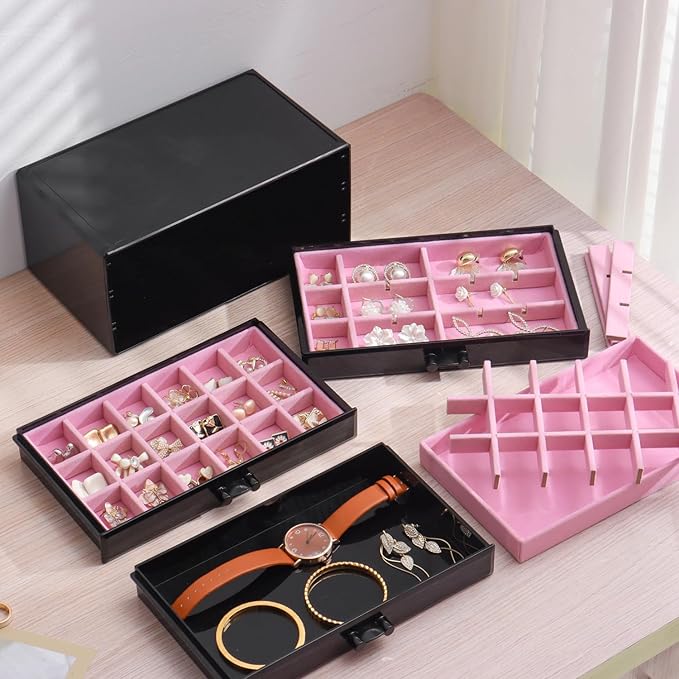 YUFONG Earring Organizer Box Acrylic Jewelry Organizer with 3 Drawers 54 Adjustable Grids Clear Stackable Earring Holder Velvet Trays Ring Display Case for Women Girls (Black Pink)