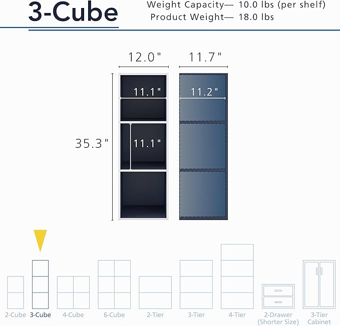 Homes: Inside + Out Apexa 3-Cube Storage Organizer Shelves, Stackable Wood Bookcase Fits Cubby Bins for Organization, Dorm Teen Room Decor & Home Office, Steel Blue