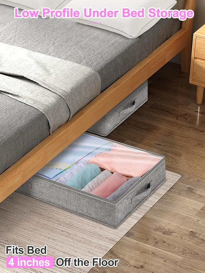 punemi 4 inches Under Bed Storage Containers, Low Profile Underbed Storage, NO STRUCTURE, Soft Foldable Underbed Cloth Storage Bags, Zipper Blanket Storage Container, 2Pack, Grey, 20x40x3.7in