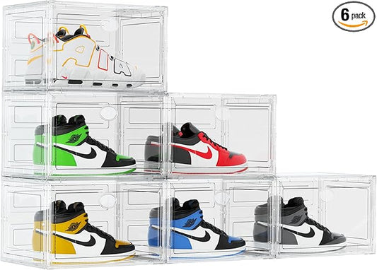 XL Shoe Storage Box Organizer, 6 Pack Shoe Boxes Clear Plastic Stackable