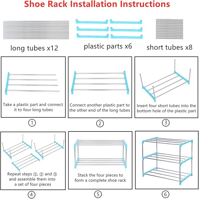 Jucaifu Stackable Small Shoe Rack, Entryway, Hallway and Closet Space Saving Storage and Organization (3-Tier, Blue)