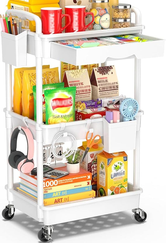 3 Tier Rolling Cart with Drawer, White