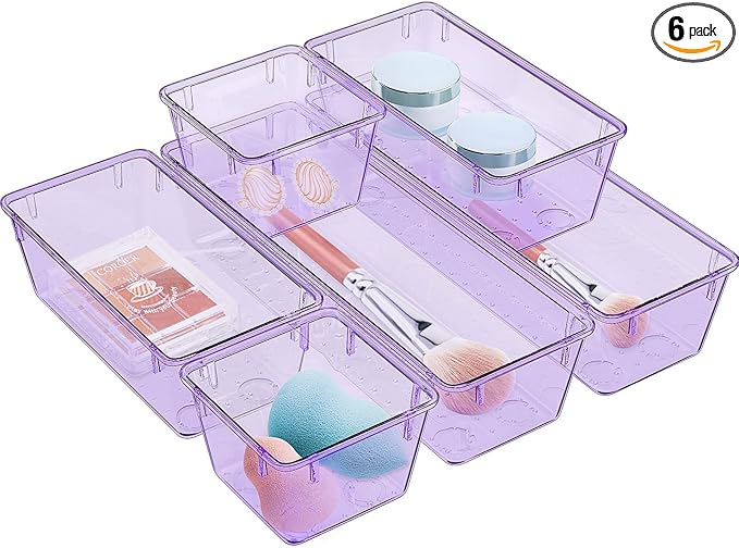 6 Pack Clear Drawer Organizer Set, Acrylic Drawer Storage Trays, Purple