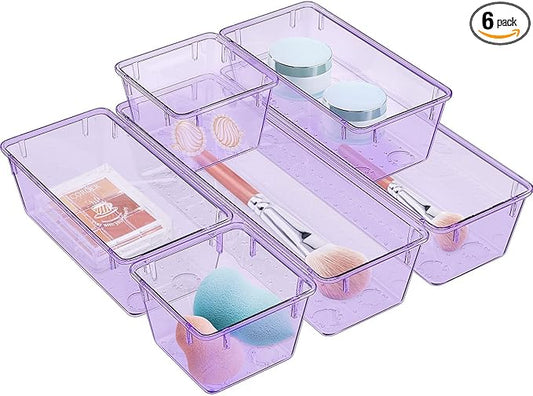 6 Pack Clear Drawer Organizer Set, Acrylic Drawer Storage Trays, Purple