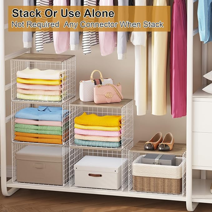 6 Pack Closet Organizers And Storage, Stackable Closet Shelf Organizer Storage Bin Basket For Clothes Sweaters With Top Board, Widened Opening, Heightened Height, Large Capacity, Sturdy, Space-saver