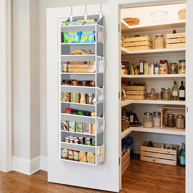 Yecaye Over the Door Organizer 5 Tiers, Heavy Duty Hanging Storage with 5 Large Clear PVC Pockets and 10 Side Pockets, 56lbs Capacity for Closet Door Bathroom Bedroom Nursery Dorm Laundry Room, Grey