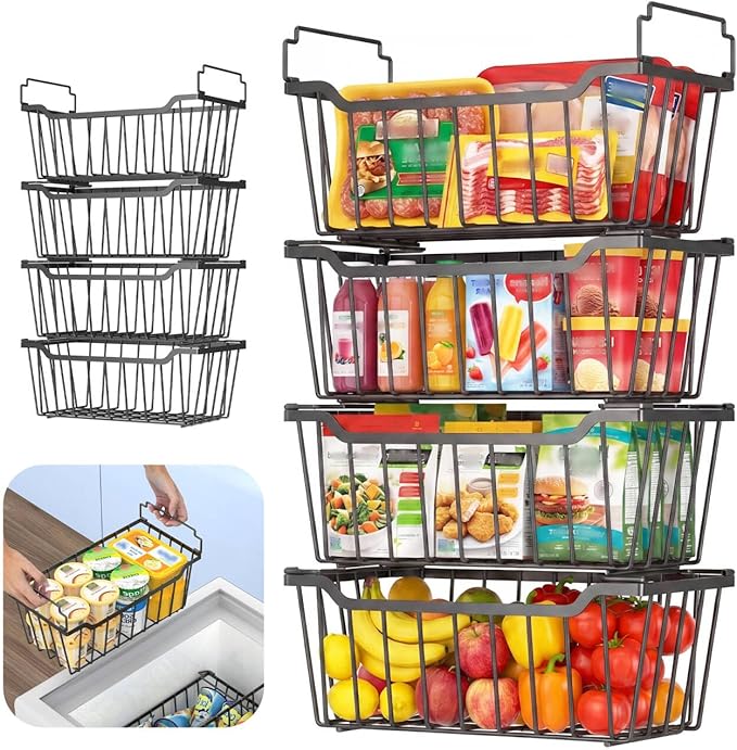 Goovilla Freezer Organizer Bins with Foldable Handle, 8 Pack Stackable Freezer Baskets for 3.5-7 Cu.FT Deep Chest Freezer Organization, Coated Metal Freezer Storage Bins with Better Space Utilization