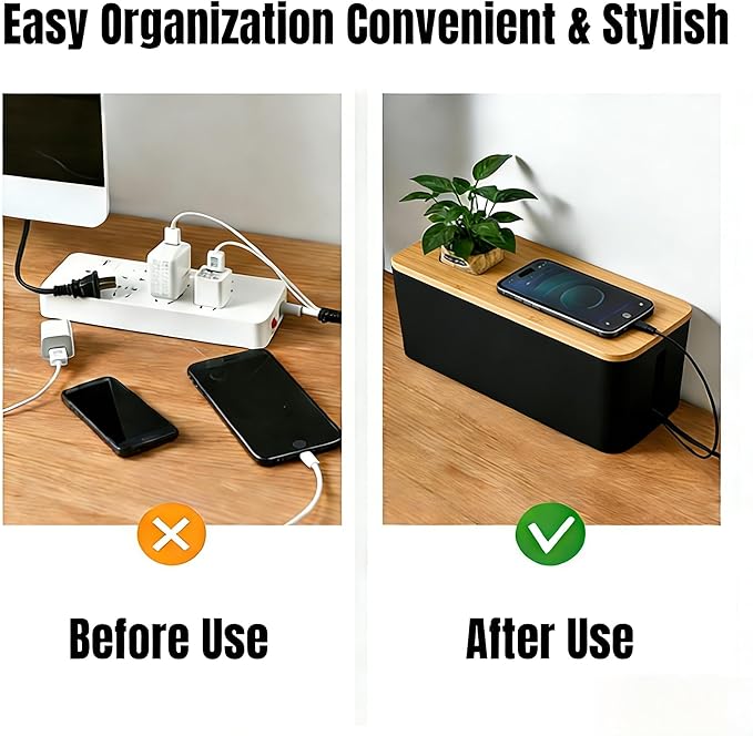 1Large+1Small Cable Organizer Set with 4 Silicone Cable Ties, 2-Piece Cable Management Box, Bamboo Lid Cord Organizer for Home Office,Set of Two Cable Box,Cable Organizer Box(Bamboo lid/Black)