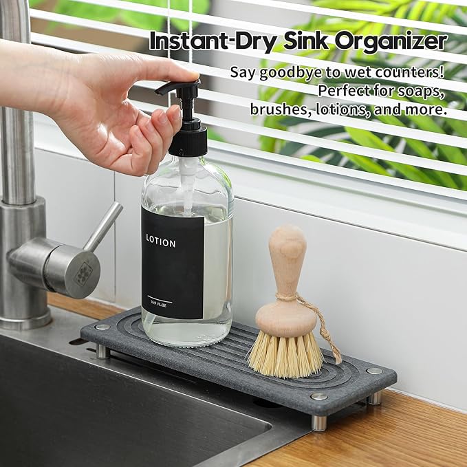 Razborci Water Absorbing Stone Sink Caddy Kitchen Sink Organizer Tray, Diatomite Bathroom Counter Tray, Faucet Drying Mat Coaster Soap Dish Rack Riser Dispenser Sponge Holder, Charcoal 10" x 4"