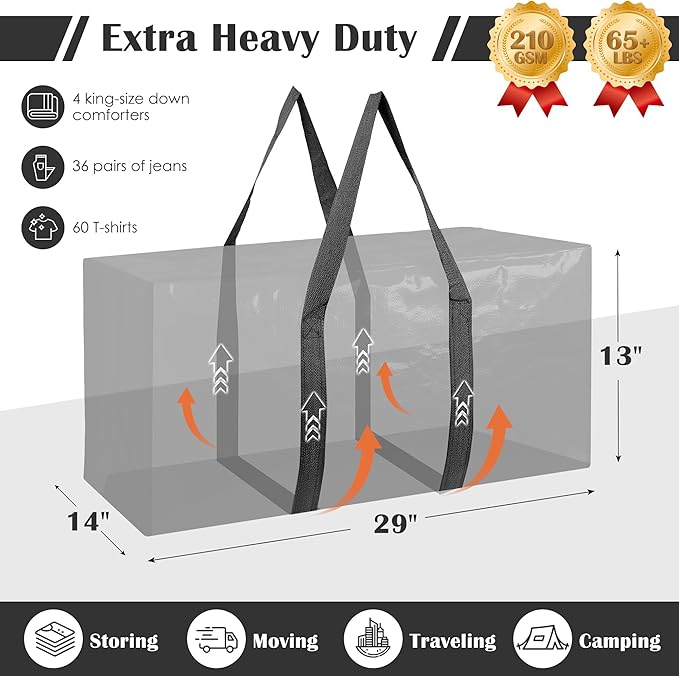 12 Pack Moving Bags with Full-Open Side Zipper, Extra Large 93L Heavy Duty Waterproof Foldable Storage Totes for College Dorm, Moving & Home Organization Black