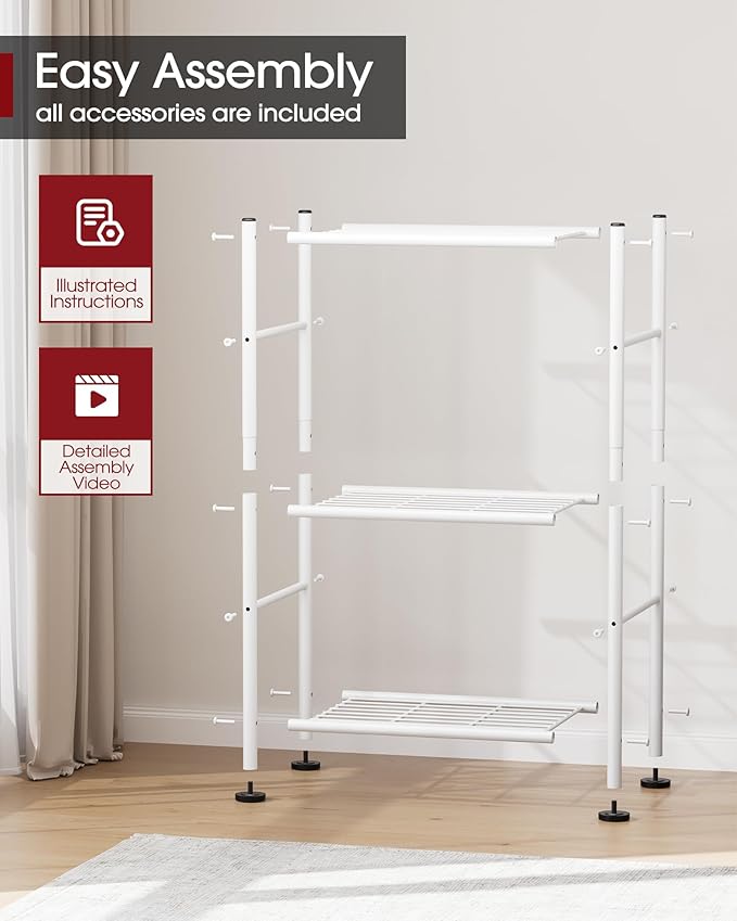 Sakugi Storage Shelves - 3 Tier Shelf Organizer, Sturdy Metal Garage Shelving with Adjustable Leveling Feet, Space-Saving Shelves Organizer for Pantry, Laundry, Kitchen (18" x 12" x 30", White)