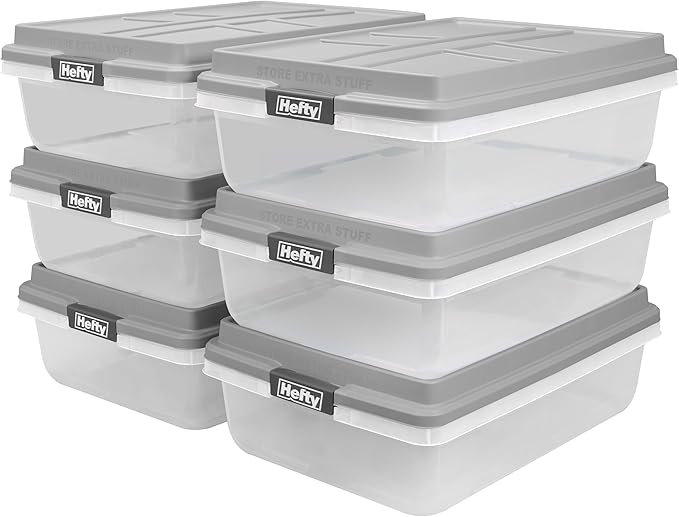 Hefty 40 Qt Hi-Rise Storage Bin with Lid, Stackable Plastic Storage Container, Organizer for Home, Garage & Closet, 6 Pack, Gray