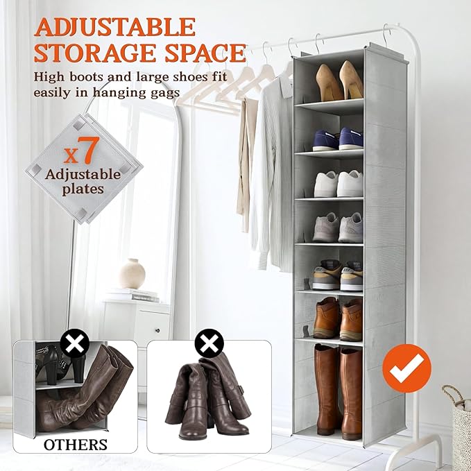 Ofiray-home Hanging Shoe Organizer for Closet, 8 Tier Closet Shoe Organizer with Adjustable Shelves for Boots, Heavy Duty Hanging Closet Organizer, Shoe Storage Organizer for Closet Rod