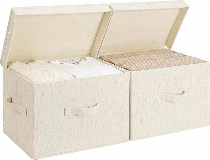 StorageWorks Fabric Storage Bins with Lid, Decorative Storage Boxes for Shelves, Stackable Closet Organizer Basket with Handles, Large, Beige, 2-Pack