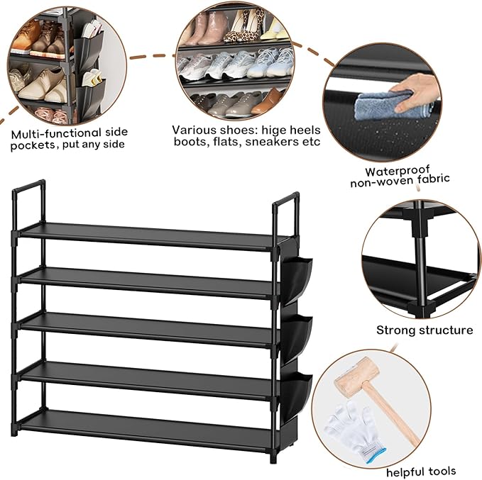5 Tier Shoe Organizer Rack for Closet, Entryway, Garage, Door, Space Saving
