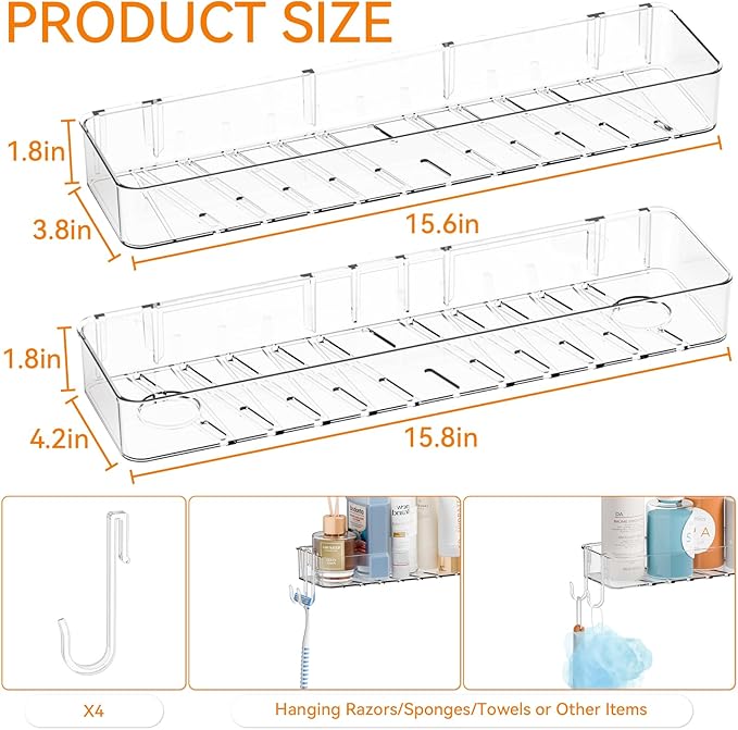 Yieach 2 Pack Clear in Shower Organizers,Adhesive Shower Caddy,No Rust Acrylic Shower Shelves & Storage Rack,Plastic Bathroom Shelves,Bathtub Storage Organizer,Shampoo,Conditioner Holder for Washroom