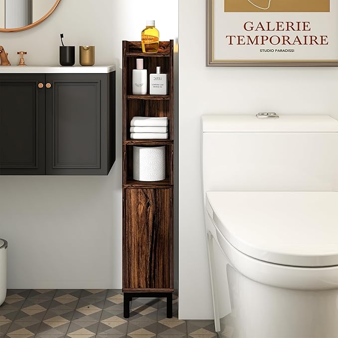 Small Bathroom Storage Cabinet, Walnut, 5-Tier