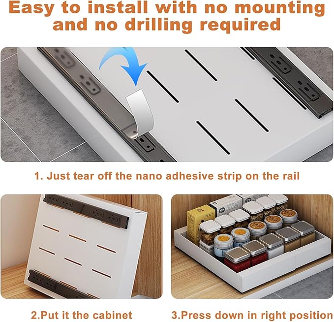 Pull Out Cabinet Organizer, Expandable(7"-11") Slide Out Cabinet Organizer, Pull Out Drawers for Cabinets, No Drilli with Adhesive Nano Film for Kitchen Pantry Shelves, Bathroom