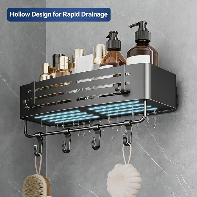 Rectangle Shower Caddy Suction Cup – Rustproof Aluminum Shelf with Towel Bar & Hooks, Laungborf No-Drill Removable Wall Storage for Bathroom (Matte Gray, 2 Pack)