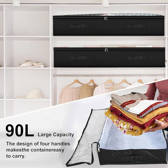 BiCINE 90L Under Bed Storage Containers, 2 Pack Foldable Closet Organizers and Storage Bins with Lid Clothes Underbed Storage Bags for Wrapping Paper, Blanket, Comforter, Towels, Sweaters, Pillows