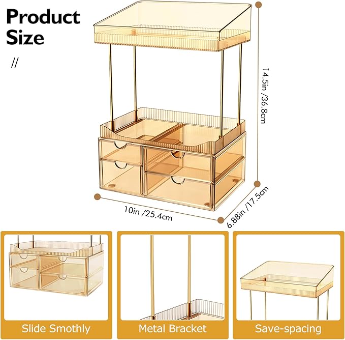 4 Drawers Makeup Organizer, 4 Tier Makeup Storage, Dresser Transparent Tawny