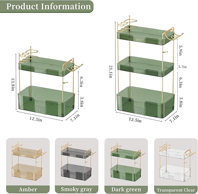 Bathroom Counter Organizer, Large Makeup Organizer Countertop, 3 Tiers Green