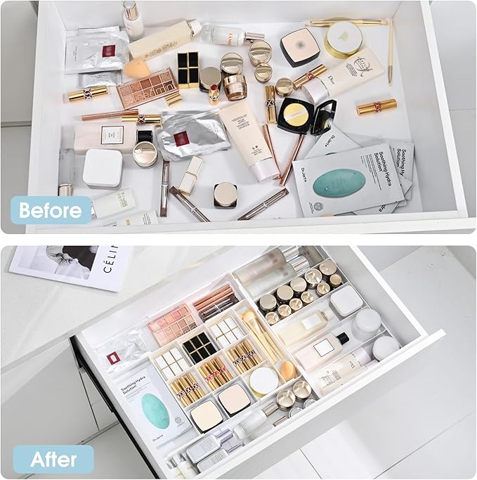 Expandable Drawer Organizer, Width (10.6"-20.1") Depth (11"-20.1"), Plastic Makeup Drawer Organizer with 6 Removable Dividers, Silverware Organizer, Great for kitchen and Bathroom Drawers