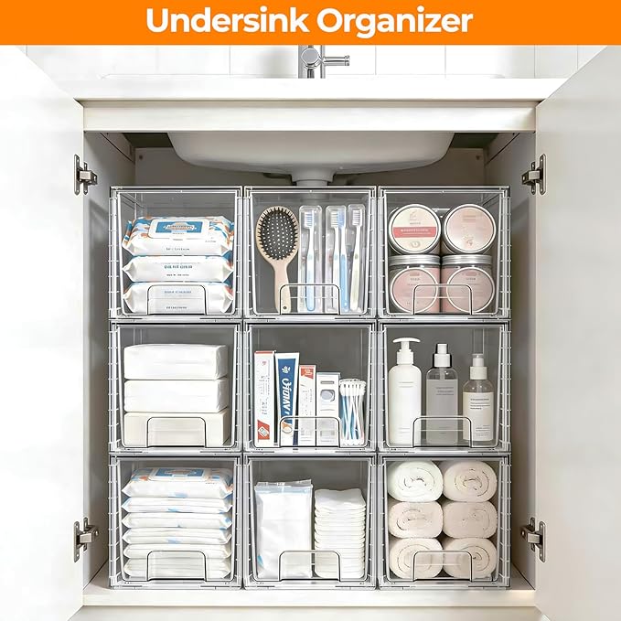 4 Pack Stackable Acrylic Storage Drawers – Clear Plastic Organizer Bins, Easy to Assemble, Suitable for Bathroom, Undersink, Kitchen, Pantry, Makeup, Medicine Organization