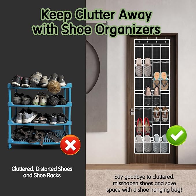 Kotkn 28 Compartment Over the Door Shoe Organizer, Breathable Mesh Large Shoe Rack for Closet Storage, Space Saving Hanging Shoe Holder with Reinforced Hooks (Fits Men & Women,Black-01)