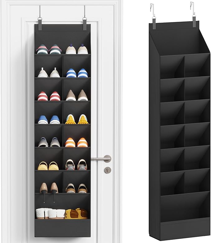 8 Tier Over the Door Shoe Organizer with 15 Large Deep Pockets, Black