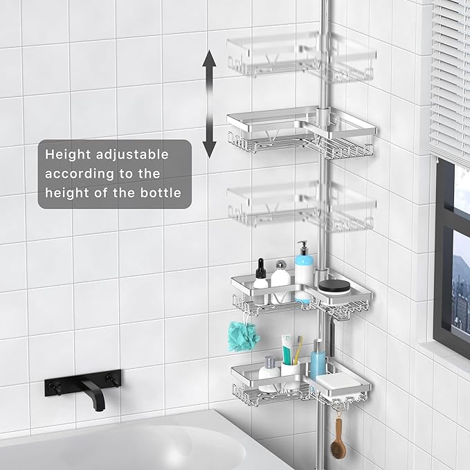 Corner Shower Caddy Tension Pole, Adjustable Shower Tension Rod Organizer